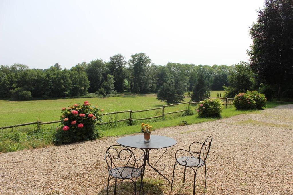 Table et chaises en fer forgé sur la terrasse face au parc du château