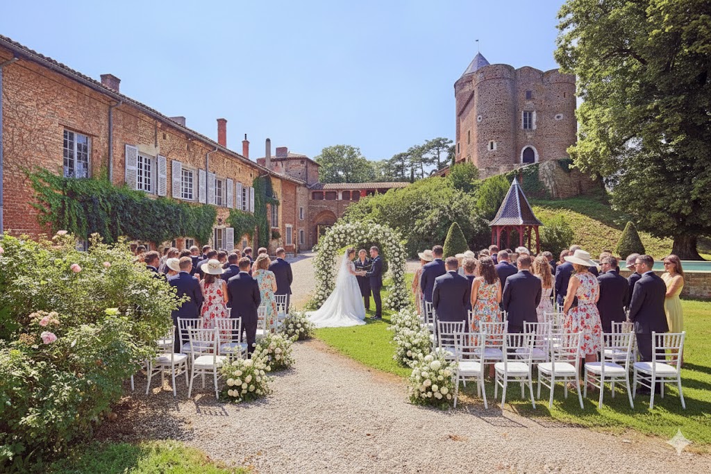 Cérémonie de mariage sous une arche fleurie dans la cour du château